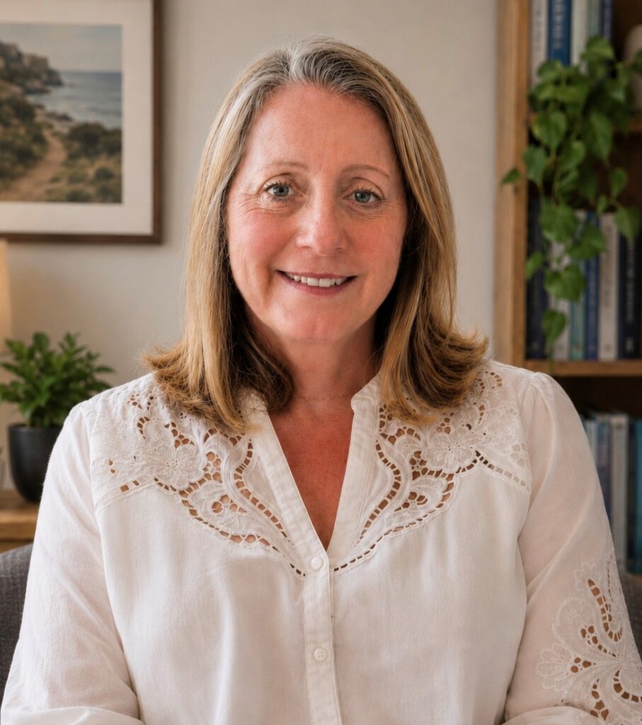 Tracey Lloyd smiling in her Sutton private therapy consulting room